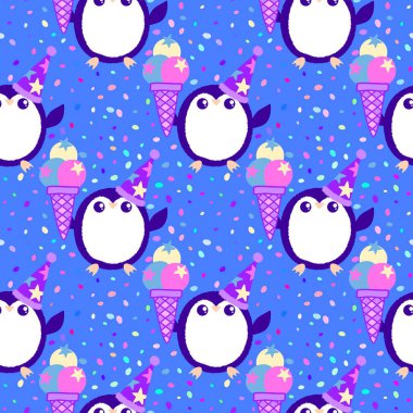 Noel hayvanları kağıt, kumaş, çarşaf, çocuk giysisi baskısı, yeni yıl ambalajı ve Noel kış ambalajı için kusursuz penguen desenleri. Yüksek kaliteli illüstrasyon