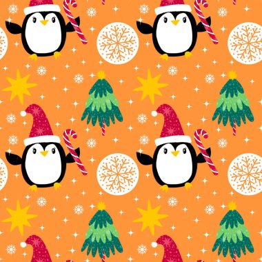 Noel hayvanları kağıt, kumaş, çarşaf, çocuk giysisi baskısı, yeni yıl ambalajı ve Noel kış ambalajı için kusursuz penguen desenleri. Yüksek kaliteli illüstrasyon