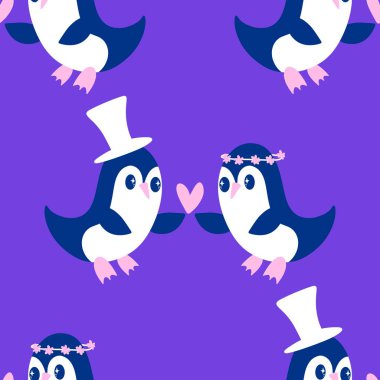 Noel hayvanları kağıt, kumaş, çarşaf, çocuk giysisi baskısı, yeni yıl ambalajı ve Noel kış ambalajı için kusursuz penguen desenleri. Yüksek kaliteli illüstrasyon