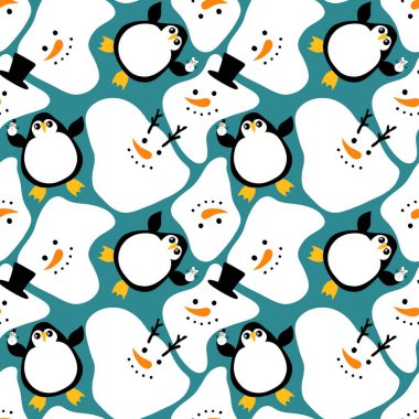 Noel hayvanları kağıt, kumaş, çarşaf, çocuk giysisi baskısı, yeni yıl ambalajı ve Noel kış ambalajı için kusursuz penguen desenleri. Yüksek kaliteli illüstrasyon