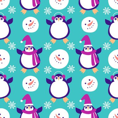 Noel hayvanları kağıt, kumaş, çarşaf, çocuk giysisi baskısı, yeni yıl ambalajı ve Noel kış ambalajı için kusursuz penguen desenleri. Yüksek kaliteli illüstrasyon