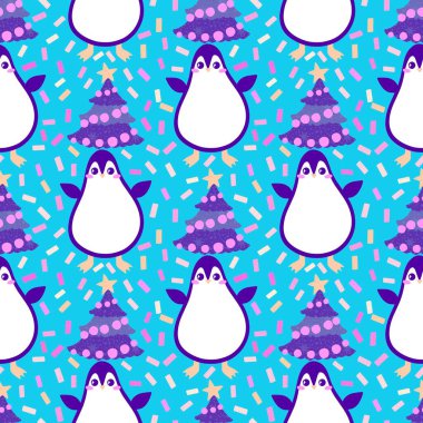 Noel hayvanları kağıt, kumaş, çarşaf, çocuk giysisi baskısı, yeni yıl ambalajı ve Noel kış ambalajı için kusursuz penguen desenleri. Yüksek kaliteli illüstrasyon