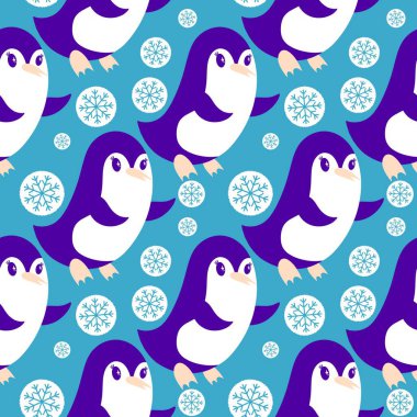 Noel hayvanları kağıt, kumaş, çarşaf, çocuk giysisi baskısı, yeni yıl ambalajı ve Noel kış ambalajı için kusursuz penguen desenleri. Yüksek kaliteli illüstrasyon