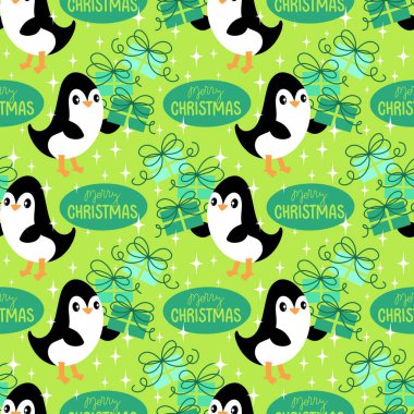 Noel hayvanları kağıt, kumaş, çarşaf, çocuk giysisi baskısı, yeni yıl ambalajı ve Noel kış ambalajı için kusursuz penguen desenleri. Yüksek kaliteli illüstrasyon