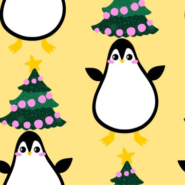 Noel hayvanları kağıt, kumaş, çarşaf, çocuk giysisi baskısı, yeni yıl ambalajı ve Noel kış ambalajı için kusursuz penguen desenleri. Yüksek kaliteli illüstrasyon