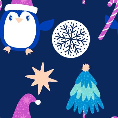 Noel hayvanları kağıt, kumaş, çarşaf, çocuk giysisi baskısı, yeni yıl ambalajı ve Noel kış ambalajı için kusursuz penguen desenleri. Yüksek kaliteli illüstrasyon