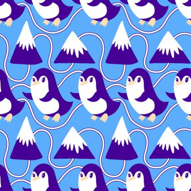 Noel hayvanları kağıt, kumaş, çarşaf, çocuk giysisi baskısı, yeni yıl ambalajı ve Noel kış ambalajı için kusursuz penguen desenleri. Yüksek kaliteli illüstrasyon