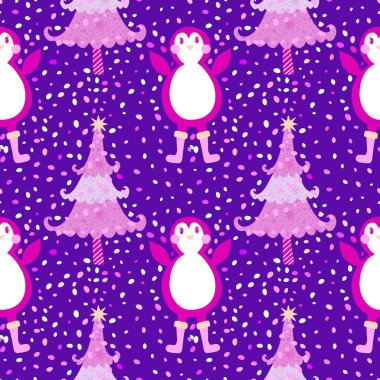 Noel hayvanları kağıt, kumaş, çarşaf, çocuk giysisi baskısı, yeni yıl ambalajı ve Noel kış ambalajı için kusursuz penguen desenleri. Yüksek kaliteli illüstrasyon