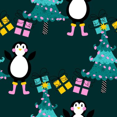 Noel hayvanları kağıt, kumaş, çarşaf, çocuk giysisi baskısı, yeni yıl ambalajı ve Noel kış ambalajı için kusursuz penguen desenleri. Yüksek kaliteli illüstrasyon