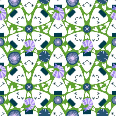 Japon yemeği onigiri dikişsiz çizgi film kawaii pirinç topu deseni ambalaj kağıdı ve çocukların giysi baskısı ve menüsü ve restoran aksesuarları ve kumaşlar ve çarşaflar. Yüksek kaliteli illüstrasyon