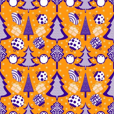 Noel hayvanları kağıt, kumaş, çarşaf, çocuk giysisi baskısı, yeni yıl ambalajı ve Noel kış ambalajı için kusursuz penguen desenleri. Yüksek kaliteli illüstrasyon