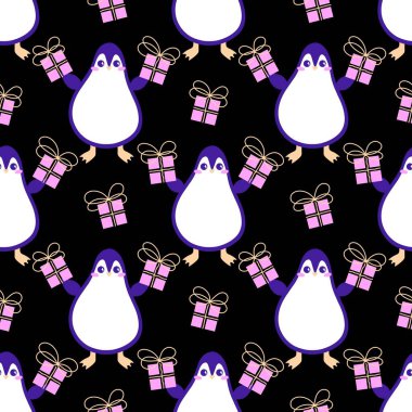 Noel hayvanları kağıt, kumaş, çarşaf, çocuk giysisi baskısı, yeni yıl ambalajı ve Noel kış ambalajı için kusursuz penguen desenleri. Yüksek kaliteli illüstrasyon