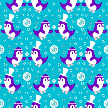 Noel hayvanları kağıt, kumaş, çarşaf, çocuk giysisi baskısı, yeni yıl ambalajı ve Noel kış ambalajı için kusursuz penguen desenleri. Yüksek kaliteli illüstrasyon