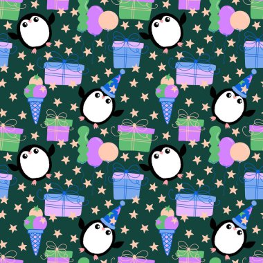 Noel hayvanları kağıt, kumaş, çarşaf, çocuk giysisi baskısı, yeni yıl ambalajı ve Noel kış ambalajı için kusursuz penguen desenleri. Yüksek kaliteli illüstrasyon