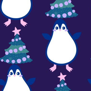 Noel hayvanları kağıt, kumaş, çarşaf, çocuk giysisi baskısı, yeni yıl ambalajı ve Noel kış ambalajı için kusursuz penguen desenleri. Yüksek kaliteli illüstrasyon