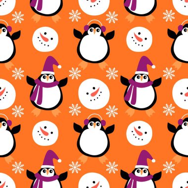 Noel hayvanları kağıt, kumaş, çarşaf, çocuk giysisi baskısı, yeni yıl ambalajı ve Noel kış ambalajı için kusursuz penguen desenleri. Yüksek kaliteli illüstrasyon