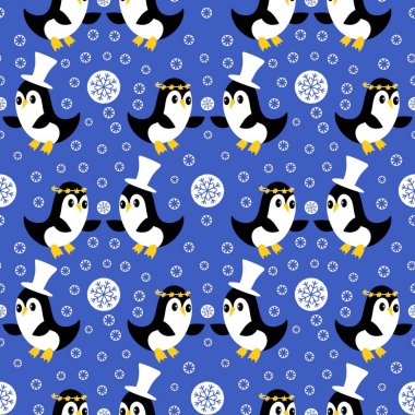 Noel hayvanları kağıt, kumaş, çarşaf, çocuk giysisi baskısı, yeni yıl ambalajı ve Noel kış ambalajı için kusursuz penguen desenleri. Yüksek kaliteli illüstrasyon