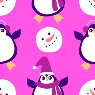 Noel hayvanları kağıt, kumaş, çarşaf, çocuk giysisi baskısı, yeni yıl ambalajı ve Noel kış ambalajı için kusursuz penguen desenleri. Yüksek kaliteli illüstrasyon