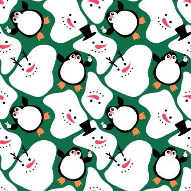 Noel hayvanları kağıt, kumaş, çarşaf, çocuk giysisi baskısı, yeni yıl ambalajı ve Noel kış ambalajı için kusursuz penguen desenleri. Yüksek kaliteli illüstrasyon