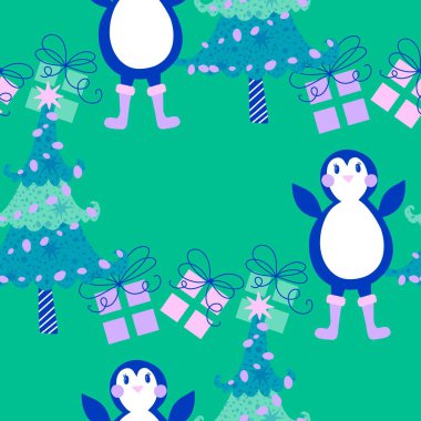 Noel hayvanları kağıt, kumaş, çarşaf, çocuk giysisi baskısı, yeni yıl ambalajı ve Noel kış ambalajı için kusursuz penguen desenleri. Yüksek kaliteli illüstrasyon