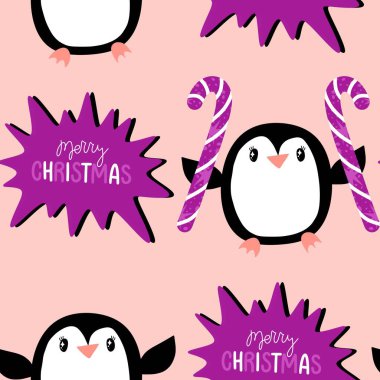 Noel hayvanları kağıt, kumaş, çarşaf, çocuk giysisi baskısı, yeni yıl ambalajı ve Noel kış ambalajı için kusursuz penguen desenleri. Yüksek kaliteli illüstrasyon