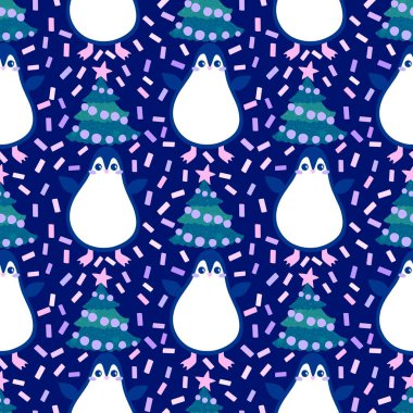 Noel hayvanları kağıt, kumaş, çarşaf, çocuk giysisi baskısı, yeni yıl ambalajı ve Noel kış ambalajı için kusursuz penguen desenleri. Yüksek kaliteli illüstrasyon