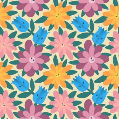 Kağıt, kumaş, çocuk giysisi baskısı, bahar partisi tekstil ve çarşaf ve yaz ambalajı için soyut çiçek desenleri. Yüksek kaliteli illüstrasyon