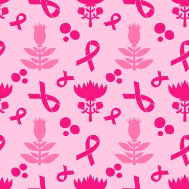 Göğüs kanseri ayı, ambalaj kağıdı, tıbbi aksesuar ve ilaç tekstili için kusursuz pembe kurdele günü deseni. Yüksek kaliteli illüstrasyon
