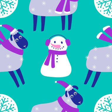 Çizgi filmlerdeki çiftlik hayvanları kağıt, kumaş, çarşaf, anaokulu, ambalaj ve çocuk kıyafetleri için kusursuz koyun desenleri. Yüksek kaliteli illüstrasyon