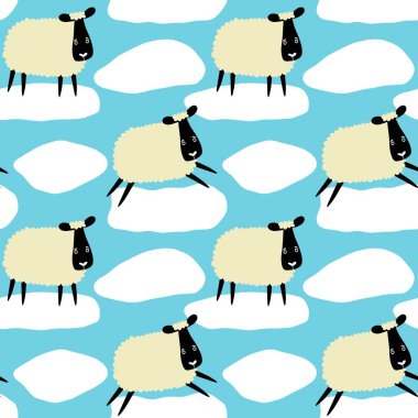 Çizgi filmlerdeki çiftlik hayvanları kağıt, kumaş, çarşaf, anaokulu, ambalaj ve çocuk kıyafetleri için kusursuz koyun desenleri. Yüksek kaliteli illüstrasyon