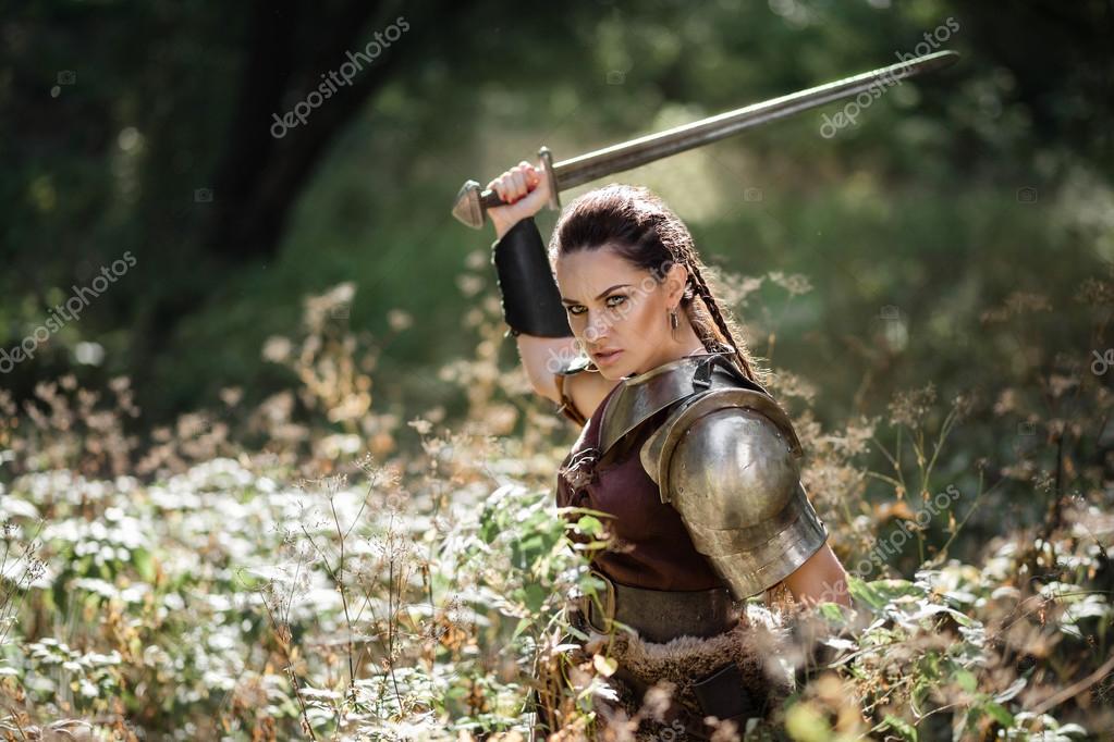 Amazon in combat armor and furs — Stock Photo © SavelievDmytro 89755682
