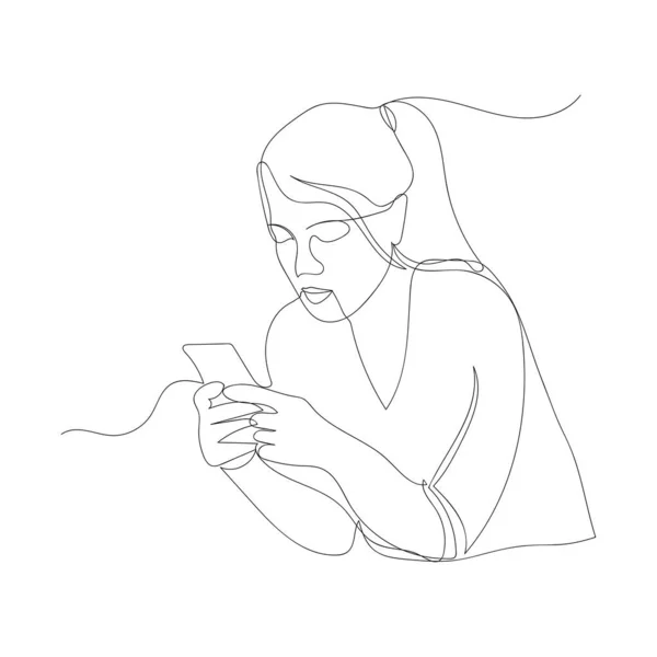 Uma Menina Com Telefone Desenhado Com Uma Linha Continuamente — Vetor de Stock