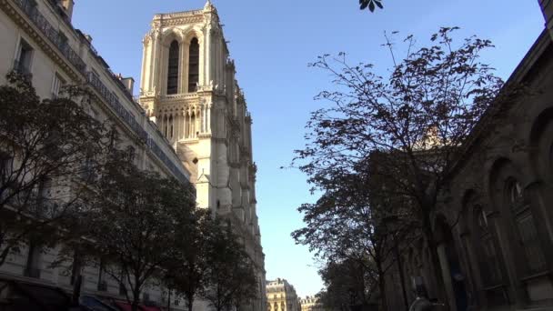 Notre Dame den berömda katedralen från Paris på soluppgången — Stockvideo