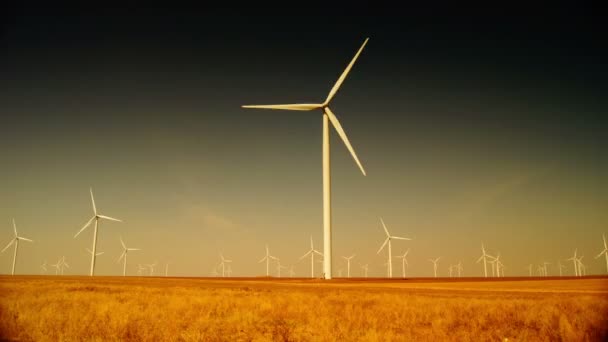 Turbinas eólicas modernas gerando energia sustentável em um campo, em tempo real, HD — Vídeo de Stock