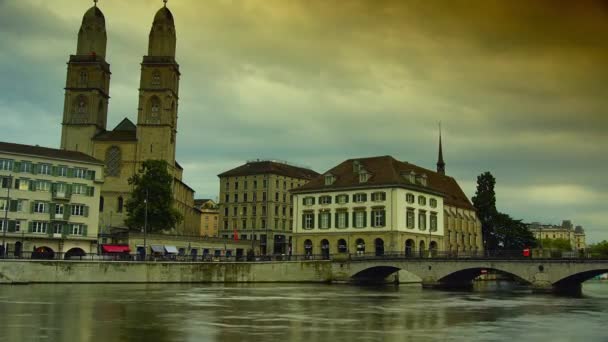 ZURICH: Image of Zurich, capital of Switzerland, during dramatic sunset and traffic cars, time lapse, 4k,pan and zoom — Αρχείο Βίντεο