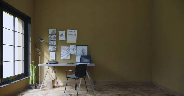 Gul Senapsrustik Vägg Idé Minimalt Vardagsrum Och Kontorsbord Med Arbete — Stockfoto