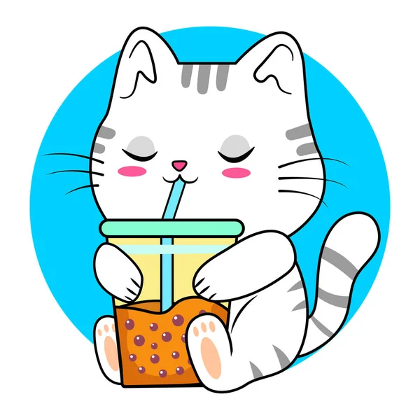 Şirin beyaz kedi sütlü çay içmeyi seviyor.