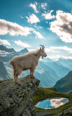 Dağ Keçisi Alp Vadisi 'ne tepeden bakan uçurumun kenarında gururla duruyor.