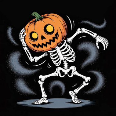 Cadılar bayramı balkabağı iskeleti ve karanlık bir arka planda koca bir kafası var..