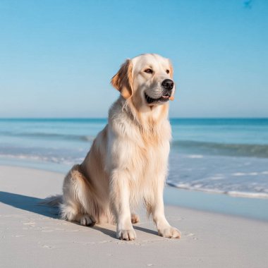 Labrador Retriever gün batımında sahilde oturuyor.