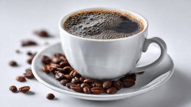 Beyaz arka planda beyaz fincanda fasulyeli taze siyah kahve.