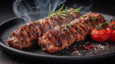 Arka planda baharatlı ızgara biftek.