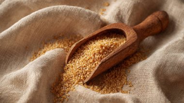 Ahşap zemin üzerinde çiğ organik kahverengi tahıl taneleri