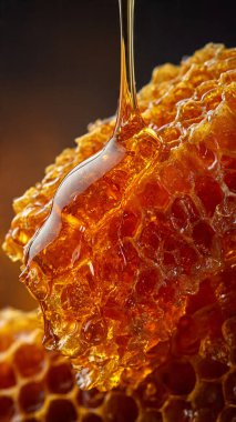 Bal ve bal petekleri siyah arka planda ahşap taraklarda.