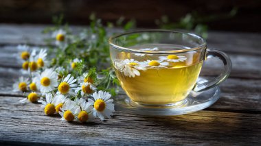 ahşap arka plan üzerinde papatya çiçeği ile bitkisel çay