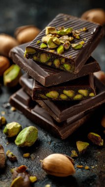 Lezzetli şam fıstıklı çikolata ve fındıklar masada, yakın plan.