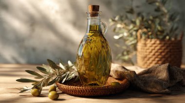 Masanın üzerinde zeytinyağı ve zeytinyağı şişesi ile kompozisyon