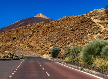 Beautiful view of Mount Teide volcano on Tenerife, Canary Islands, Spain. Majestic volcanic peak rising above green forests under a clear blue sky. Nature, travel, and adventure landscape concept.