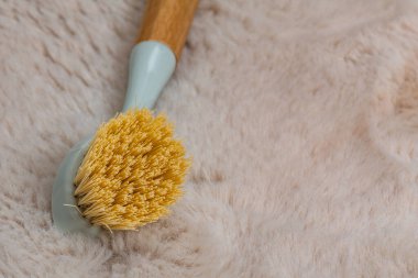 Aktif halı yıkama tozu yaymak, fırçayla kirli bir halıya deterjan sürmek, evde halı yıkamak, döşeme yıkamak için aktif kimyasallar.