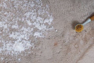 Aktif halı yıkama tozu yaymak, fırçayla kirli bir halıya deterjan sürmek, evde halı yıkamak, döşeme yıkamak için aktif kimyasallar.